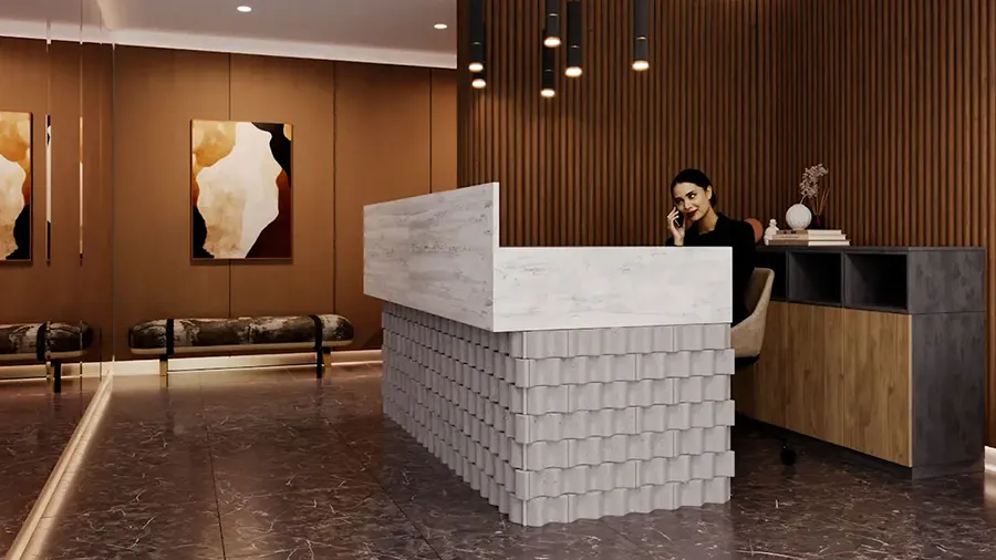 Lobby y recepción del proyecto Livan en San Miguel