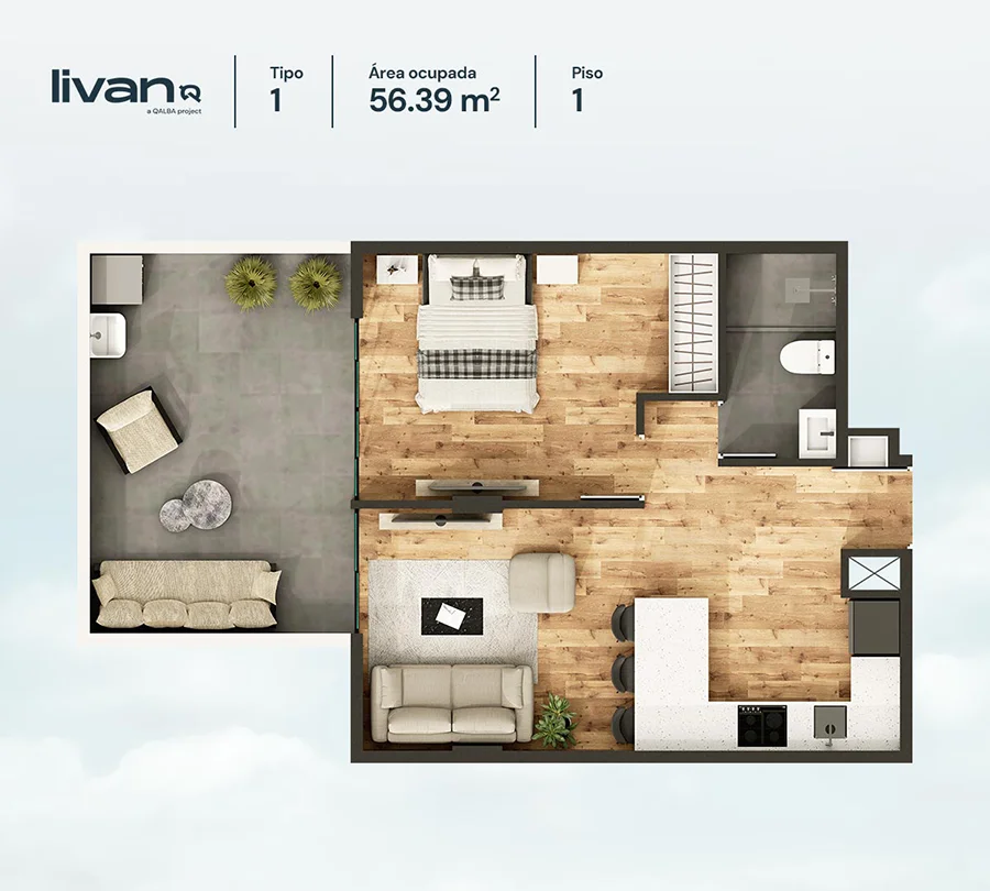 Plano de departamento Livan de 1 dormitorio y 56.39 m², departamento 103