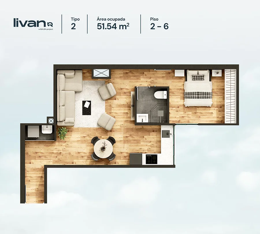 Plano de departamento Livan de 1 dormitorio y 51.54 m², departamentos 203 y 603