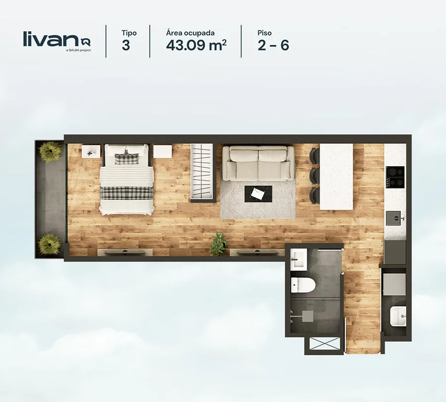 Plano de departamento Livan de 1 dormitorio y 43.09 m², departamentos 205, 405 y 605
