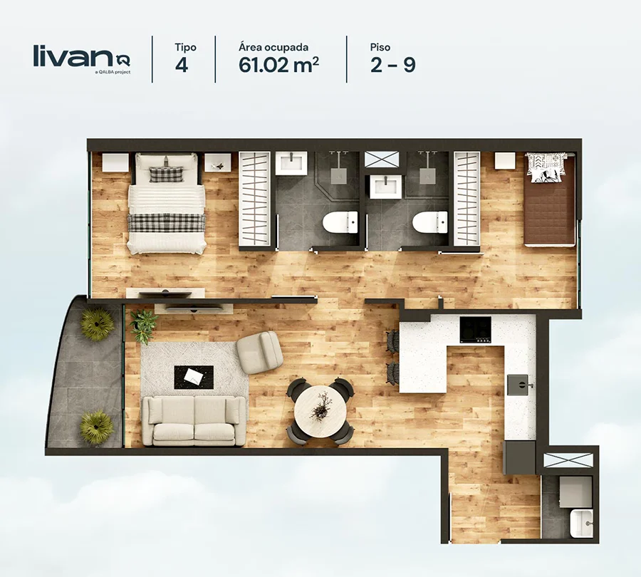 Plano de departamento Livan de 2 dormitorios y 59.87 m², departamentos 201 y 701