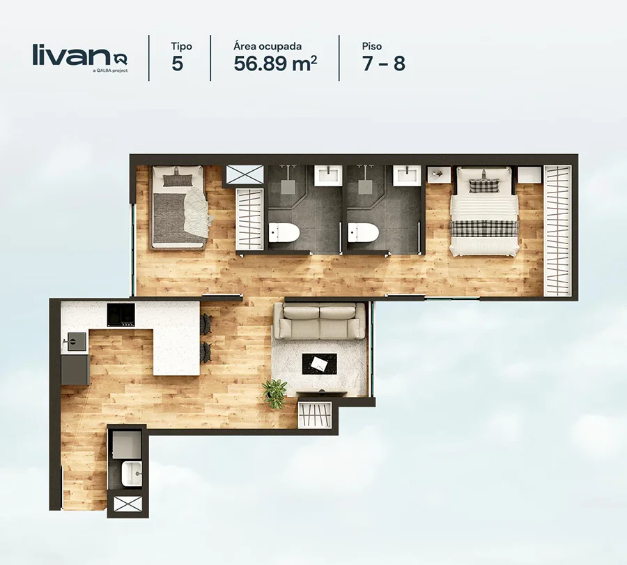 Plano de departamento Livan de 2 dormitorios y 56.89 m², departamento 703