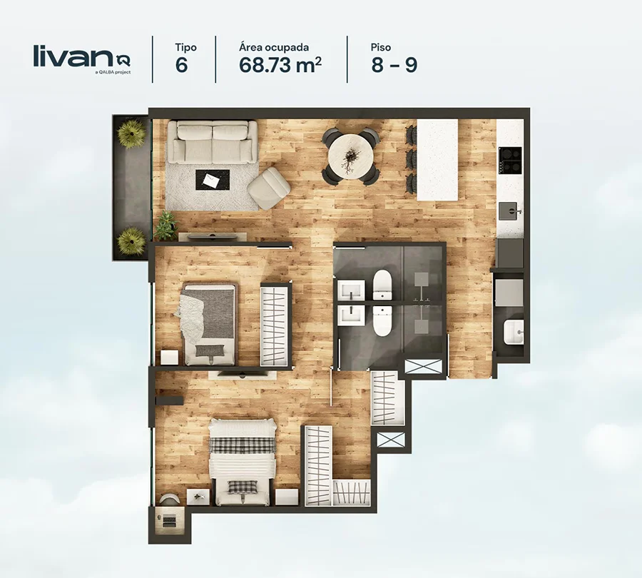 Plano de departamento Livan de 3 dormitorios y 70.45 m², departamento 704