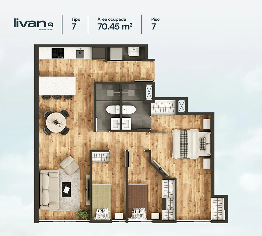 Plano de departamento Livan de 3 dormitorios y 70.36 m², departamentos 202 y 902