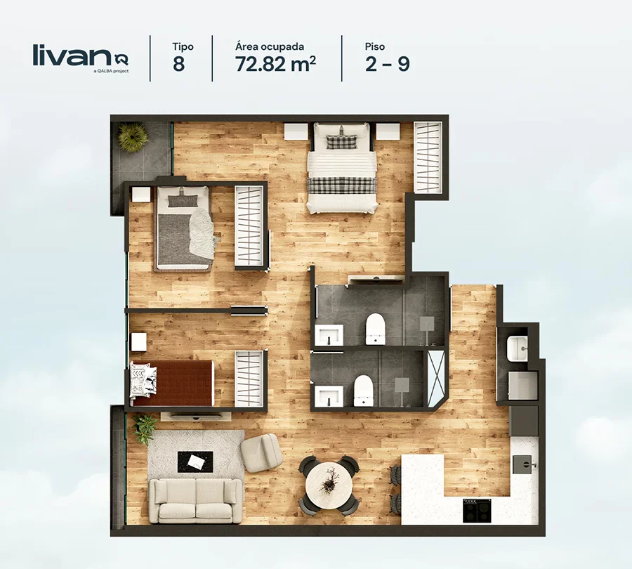 Plano de departamento Livan tipo 8 de 72.82 m², pisos 2 al 9